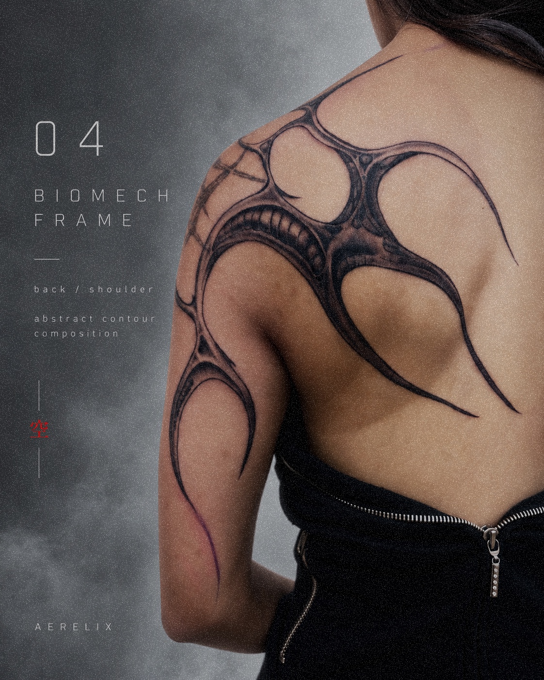 Completed Biomech Frame tattoo by hollow
