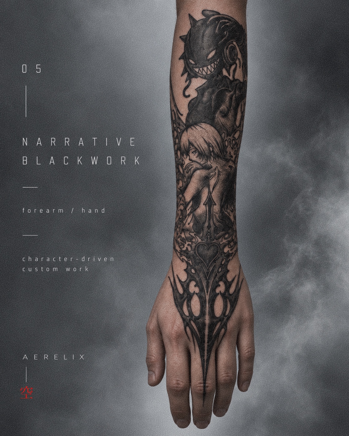 Completed Narrative Blackwork tattoo by hollow